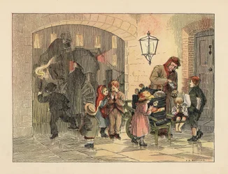 Niños victorianos comiendo patatas calientes del hombre de las patatas calientes. En el fondo, personas con paraguas suben a un carruaje bajo la lluvia. Cromolitografía a partir de una ilustración de Francis Donkin Bedford de The Book of Shops de Edward Ve