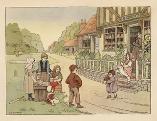 Niños victorianos en el exterior de la panadería del pueblo B. Crusty. Cromolitografía según una ilustración de Francis Donkin Bedford de The Book of Shops de Edward Verrall Lucas.