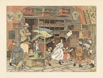 Niños victorianos jugando con loros y cacatúas en la pajarería o tienda de animales. Cromolitografía según una ilustración de Francis Donkin Bedford de The Book of Shops de Edward Verrall Lucas.