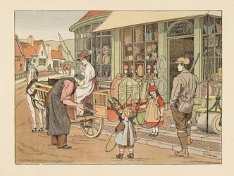 Familia victoriana en Henry Hoop, el ferretero del pueblo. Cromolitografía según una ilustración de Francis Donkin Bedford de The Book of Shops de Edward Verrall Lucas.