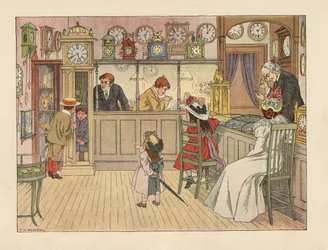 Familia victoriana en la relojería. Niños jugando en un reloj de pie, mientras un empleado arregla un reloj. Cromolitografía según una ilustración de Francis Donkin Bedford de The Book of Shops de Edward Verrall Lucas.