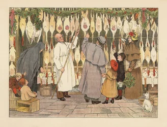 Familia victoriana escogiendo un pavo para Navidad en la pollería. Carnicero en bata con un gancho sacando un ave. Cromolitografía a partir de una ilustración de Francis Donkin Bedford de The Book of Shops de Edward Verrall Lucas.