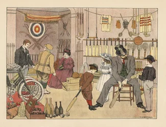 Un padre victoriano y sus hijos compran bates de cricket en una tienda de deportes. Jugador de golf con un dependiente. Cromolitografía según una ilustración de Francis Donkin Bedford de The Book of Shops de Edward Verrall Lucas.