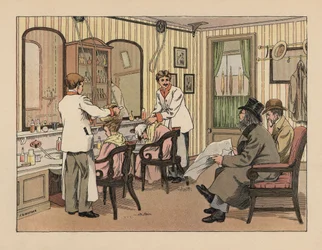 Caballeros victorianos a los que se les lava el pelo con champú y se les trata con una máquina de cepillado en una barbería. Cromolitografía según una ilustración de Francis Donkin Bedford de The Book of Shops de Edward Verrall Lucas.