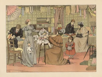 Madres y niños victorianos probándose bonetes en la sombrerería. Cromolitografía según una ilustración de Francis Donkin Bedford de The Book of Shops de Edward Verrall Lucas.
