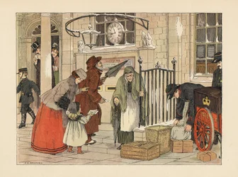 Gente victoriana enviando cartas cerca del día de Navidad en la Oficina de Correos. Cromolitografía según una ilustración de Francis Donkin Bedford de The Book of Shops de Edward Verrall Lucas.
