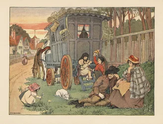 Fabricantes ambulantes victorianos de baloncesto con sus mercancías en el techo de su caravana. Cromolitografía a partir de una ilustración de Francis Donkin Bedford de The Book of Shops de Edward Verrall Lucas.