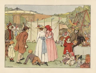 Jóvenes victorianos en un tímido coco, niños en columpios y carrusel en una feria de pueblo. Cromolitografía según una ilustración de Francis Donkin Bedford de The Book of Shops de Edward Verrall Lucas.