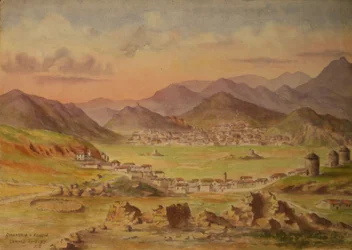 Vista de Smandria y Kondia en la isla de Lemnos, Grecia, abril de 1917 (acuarela sobre papel)