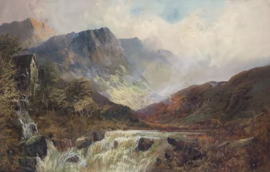 Montañas, molino y cascada (óleo sobre lienzo)