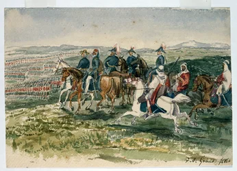 Los Guardias y los Highlanders recibidos por Omar Pasha y el Mariscal St Arnaud comandados por el Duque de Cambridge en Aladyn, 6 de Julio de 1854