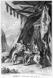Bruto y Casio en la tienda de Bruto, acto IV, escena iii de «Julio César» de William Shakespeare (1564-1616), grabado por Hubert Gravelot (1699-1773)