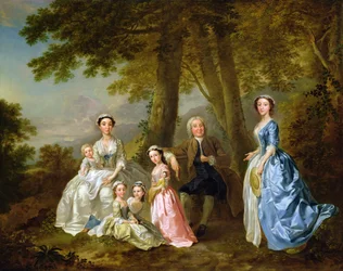 Samuel Richardson sentado con su segunda familia