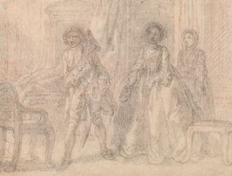 Escena de una obra de teatro, posiblemente "El marido sospechoso" de Benjamin Hoadley