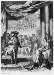 La escena de la representación, de «Hamlet» de William Shakespeare (1564-1616), grabada por Hubert Gravelot (1699-1773)
