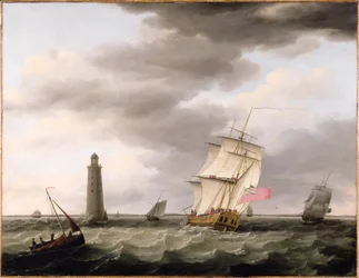 Un barco de guerra pasando el Faro de Eddystone, c.1773