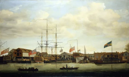 Un pequeño astillero en el Támesis (Inglaterra), con dos barcos en construcción. Óleo sobre lienzo