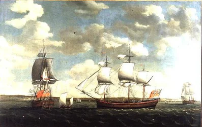 Retrato de un Indiaman en tres posiciones frente a Portsmouth