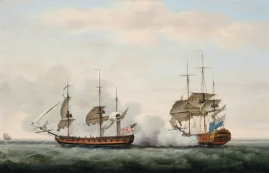 El barco de la Compañía de las Indias Orientales Bridgewater defendiendo con éxito su carga de un ataque del corsario americano Hampden en su camino de St. Helena a Inglaterra el 8 de marzo de 1779