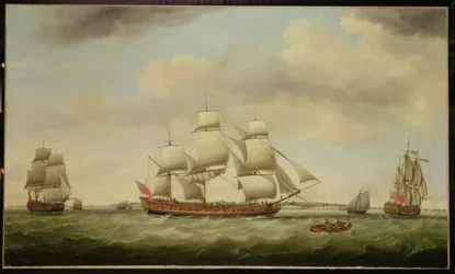 El "General Coote" de las Indias Orientales en tres posiciones frente a la costa