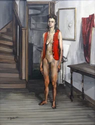 Mujer desnuda con rebeca roja