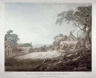 Un carruaje tirado por caballos desapareciendo sobre una colina en Edgware Road, Londres, 1799