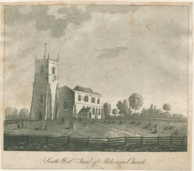 Iglesia de Alrewas: grabado en aguatinta, nd [?siglo XVIII]