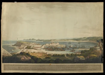 Vista sur de Corunna desde las alturas cerca del Convento de Santa Margarita, grabado por H. Merke, publicado en 1809