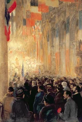 Servicio en Notre Dame, dando gracias por la victoria después de la Gran Guerra Internacional