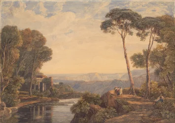 Paisaje con un templo y figuras junto a un río