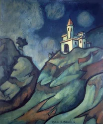 Paisaje montañoso con iglesia