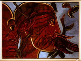 Transparencia. Cara de hombre con pájaros, siglo XX (pintura)