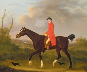 Un caballero en su cazador cabalgando hacia los sabuesos
