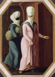 Una dama turca que va con su esclava al baño (óleo sobre lienzo)