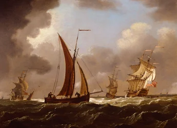 Hombres de guerra británicos y barcos de pesca en una brisa rígida (aceite a bordo)