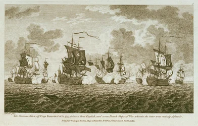 Doce estampas de combates navales. La Gloriosa Acción frente al Cabo Francois el 21 de Octubre de 1757, entre los ingleses y siete barcos de guerra franceses, en la que estos últimos fueron completamente derrotados. (grabado)