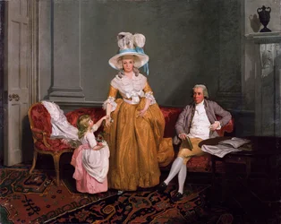 Un grupo familiar, el padre sentado, la madre y la hija de pie, en un interior, siglo XVIII