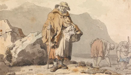 Una vieja pescadora con dos mujeres buscando cebo