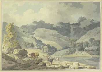 Paisaje montañoso, en el camino una muchacha a caballo, a la izquierda dos vacas