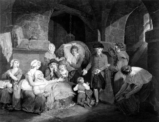 John Howard Esq. (1726-1790) visitando y aliviando las miserias de una prisión, grabado por James Hogg, 1790