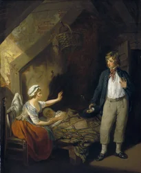 El regreso del marinero, interior de la casa de campo: dormitorio, con la esposa y la madre tumbadas en la cama, únicos muebles de la habitación, con las paredes de ladrillo desnudo.