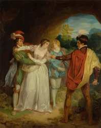 Valentín rescatando a Silvia de Proteo, de la obra de Shakespeare "Los dos caballeros de Verona", Acto V, Escena 4, La cueva de los forajidos.