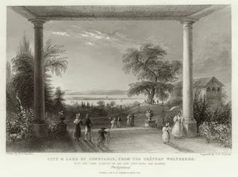 Ciudad y Lago de Constanza, Suiza, desde el Castillo Wolfsberg, con el árbol plantado el día que el teólogo y reformador checo Jan Hus fue quemado como hereje en 1415