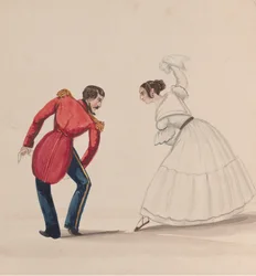 Un hombre y una mujer peruanos bailando la Zamacueca, de un grupo de dibujos que representan..., ca. 1848