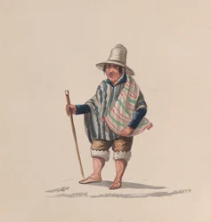 Un hombre peruano, de un grupo de dibujos que representan el traje peruano, ca. 1848