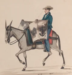Un panadero a caballo, de un grupo de dibujos que representan el traje peruano