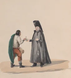 Un canónigo entregando un crucifijo a un hombre, de un grupo de dibujos que representan el traje peruano, 1848