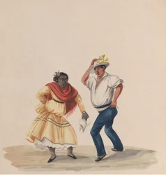 Un hombre y una mujer bailando, de un grupo de dibujos que representan el traje peruano, 1848