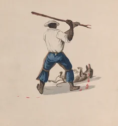 Un hombre visto desde atrás golpeando a un perro con un palo, de un grupo de dibujos que representan...