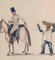 Un soldado a caballo sosteniendo una cuerda que asegura a un esclavo indígena equilibrando un plato
